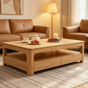 Table basse minimaliste en chêne avec 2 tiroirs et étagère de rangement - Product Image 1