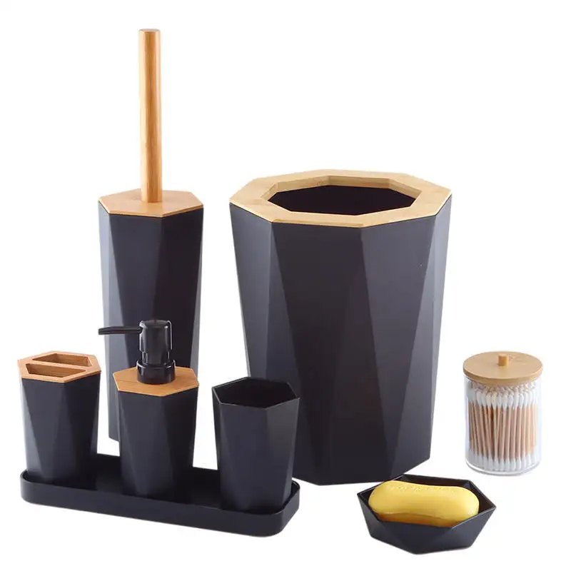 Luxury Black Bathroom Accessories Set With Wooden Hotel Plastic Toilet Bathroom Accessories Toilet brush Holder Kits