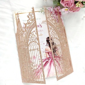 Tarjetas de Invitación de Boda con Diseño de Castillo de Princesa en Oro Rosa, Corte Láser Plateado Champán, Tarjeta de Confirmación de Fecha para Quinceañera - Product Image 2