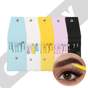 Pinzas para depilación de cejas para mujer, 4 Uds., pinzas para cejas inclinadas de acero inoxidable, juego de pinzas con bolsa de Pu - Product Image 1