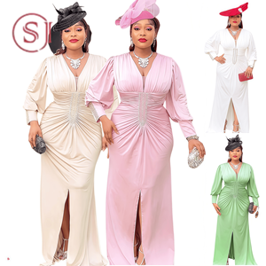 S10209 Robes de soirée grande taille pour femmes, robe longue à manches longues, col en V, perlée, robe longue de cérémonie, robe maxi africaine pour femmes - Product Image 1