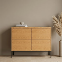 Commode moderne Japandi à 4 tiroirs, chêne clair, sans poignées, pieds en métal noir, meuble de rangement pour salon, prix d'usine, fournisseur