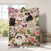 Selimut Flanel Motif Kucing Kupu-kupu, Lembut Hangat Nyaman untuk Sofa Tempat Tidur, Selimut Hadiah untuk Pecinta Kucing dengan Pola Bunga dan Anak Kucing yang Lucu