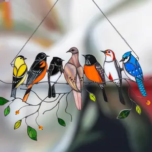 Décoration de jardin Oiseaux multicolores sur un fil de fer Panneau de fenêtre en verre teinté Série d'oiseaux Ornements pendentifs