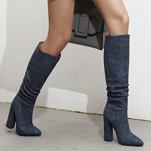 Big Size 43 Solid Knee High Pointed Toe Chunky High Heel Women <b>Boots</b> Soft Suede Upper Slip-on Long Booties for Ladies - Product Image 5