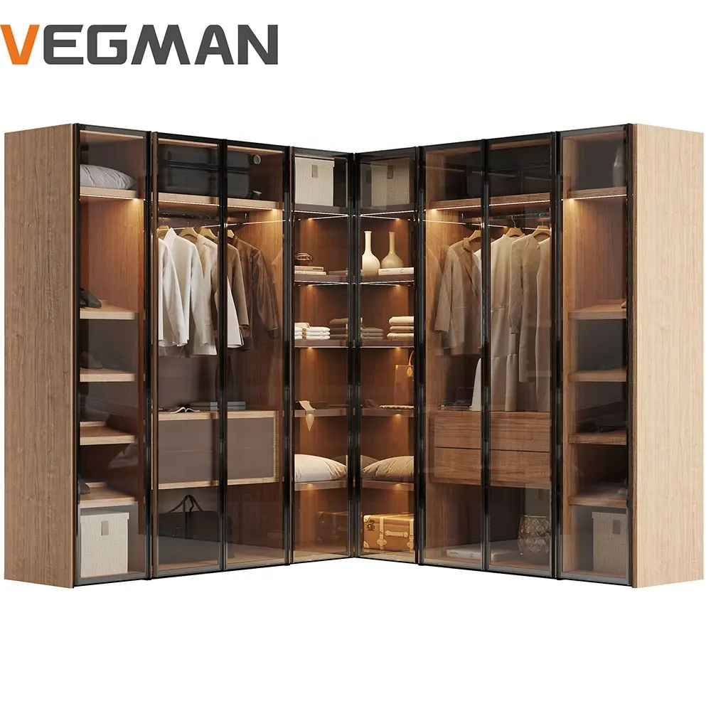 Chinese Manufacturers Supply Modern Durable Combination Glass Door Wooden Wardrobes For Hotel Apartment Villa House
