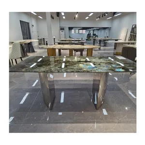 Modern dining room Furniture Luxury Rectangular marble dining table and chairs set sapphire top with bright stainless steel base