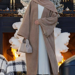 Robe longue en laine style vintage automne/printemps 2026, Abaya respirante, cardigan ouvert, tricot épais, ceinture, fabrication directe - Product Image 3