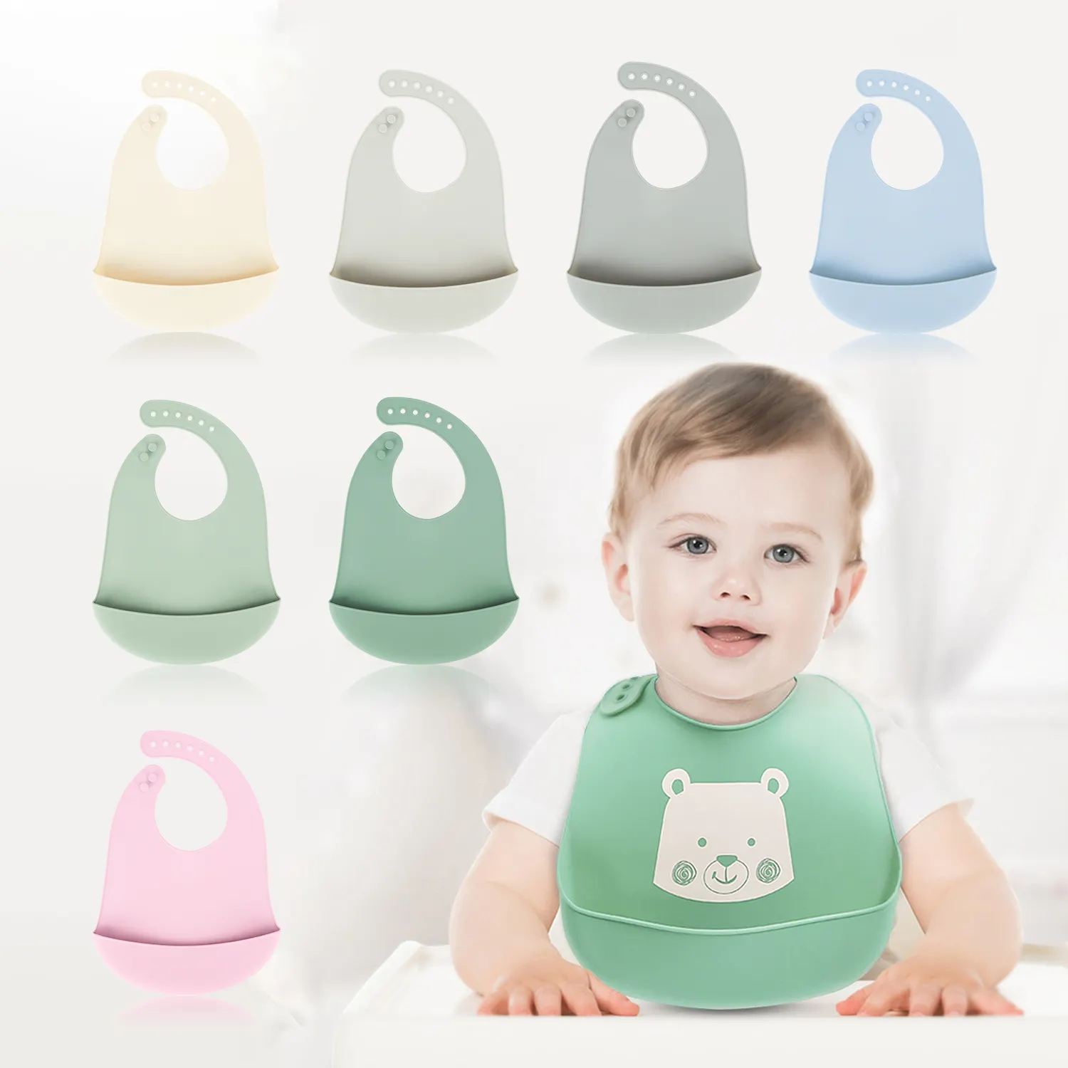 Factory Direct Carton Printed Colorful Waterproof Soft Silicone Food Catcher Silicone Feeding Bib For Baby