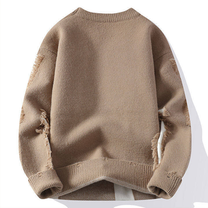 <span class=keywords><strong>Pull</strong></span> en tricot à col rond rétro Y2K pour <span class=keywords><strong>homme</strong></span>, avec logo personnalisé, effet usé, trous déchirés, franges, 100% coton, poids lourd - Product Image 2