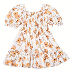 Vestido A26-4 Personalizado de Bambú/Algodón para Niñas, Corte en A, Largo hasta la Rodilla, Cuerpo Fruncido, Mangas Cortas Tipo Linterna con Volantes y Pétalos, para Bebés y Niñas Pequeñas - Product Image 2