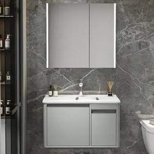스마트 거울 화장대 캐비닛이있는 현대 합판 벽걸이 욕실 더블 싱크 화장대 세트 멸균 구역 및 일일 구역