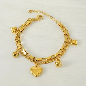 Exquisita pulsera colgante en forma de corazón, cadena de doble capa, pulsera dorada de acero inoxidable para mujer