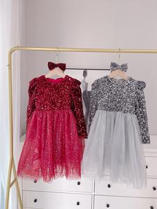 Girl Velvet Luxury <b>Sequin</b> Puffy Dress Kids Long-sleeved Princess Party Dress With Headdress - Product Image 6