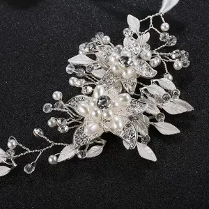 Aksesori rambut pernikahan mutiara berlian imitasi kristal buatan tangan bando pengantin perhiasan wanita pengiring pengantin