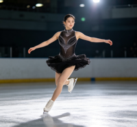 Robe de patinage artistique noire à col montant sans manches, ornée de strass épais en maille pour la compétition et les spectacles des filles adultes