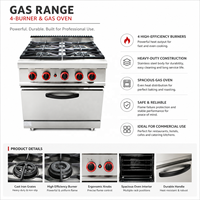 Cuisinière à gaz industrielle en acier inoxydable à 4 brûleurs avec base de rangement pour équipement de cuisine commerciale