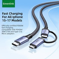 Câble de données double embout Type-C/Micro USB compatible avec les appareils iPhone 17/16/15, charge rapide PD60W, modèle 2-en-1 avec gaine en nylon