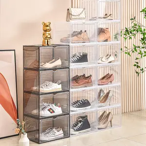 Boîte à chaussures pliable avec porte magnétique baskets en plastique transparent empilable boîte de rangement pliable baskets