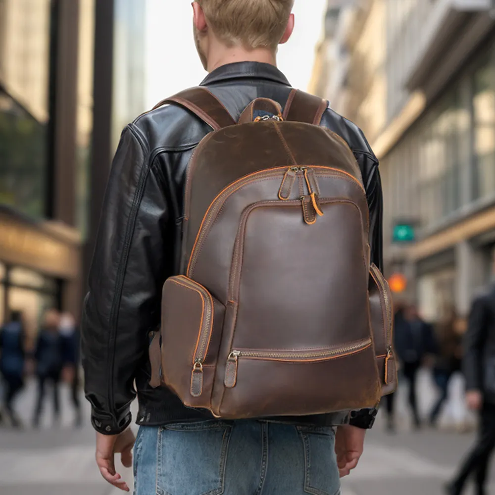 2024 Hot Sale Manufacturer Wholesale Men Brown Vintage Full Grain Cowhide Genuine Cow Leather Travel Laptop Leather Backpack Bag