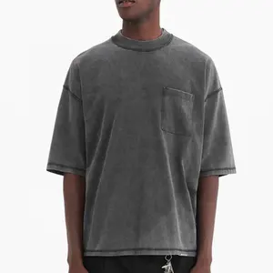 OEM custom logo men crew neck short sleeve oversized vintage 100% cotton acid wash heavyweight T-shirt with pocket