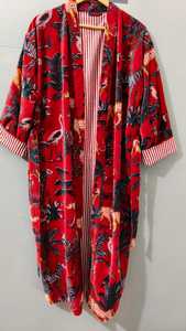 <b>Red</b> Animal Print Velvet Robe Women's Long Three Quarter Sleeve Wrap Coat Winter Fashion Outerwear - Product Image 4