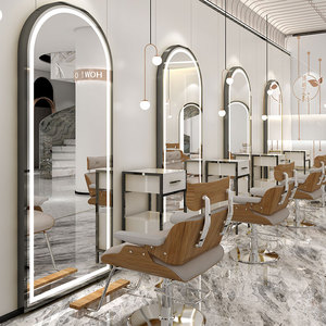 Estación de espejos para tienda de peluquero, espejo de salón de peluquería ovalado con luz led, barato - Product Image 2