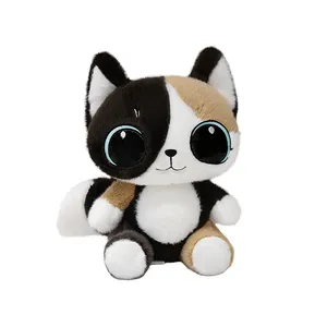 Kawaii Soft Black Cat Doll with Big Eyes Head and Face Gray Plush Stuffed Animal Kitty Toy Cuddle