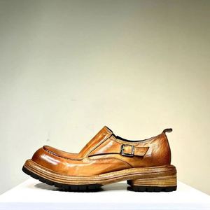 Chaussures Derby Homme en Cuir Rétro Vieilli à Semelle Épaisse Rehaussante et Bout Rond, Style Décontracté, avec Boucle, Idéales pour Mariage et Automne - Product Image 1