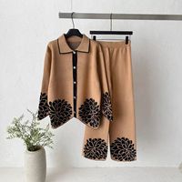 Ensemble élégant d'été en maille jacquard pour femme, avec cardigan à col boutonné et pantalon large, anti-plis