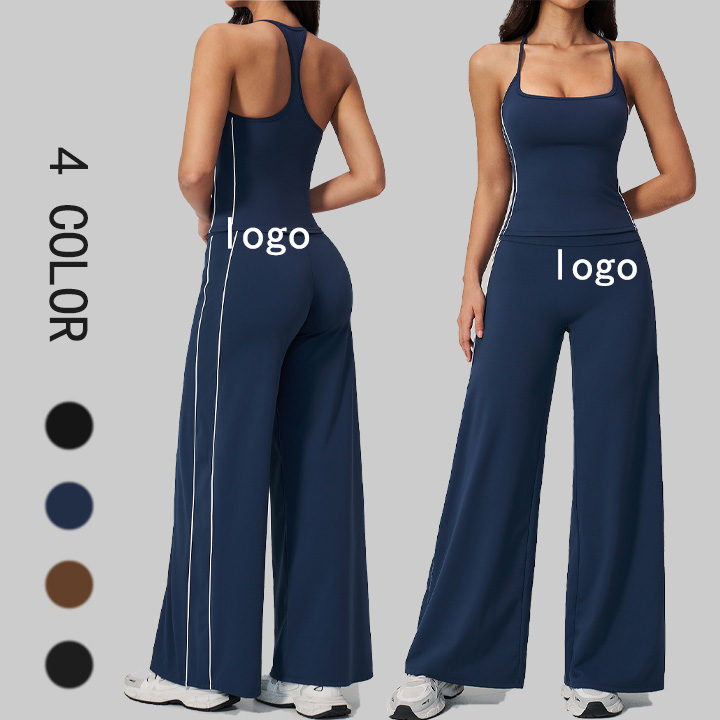 Women Racerback Sport Set Side Stripes High Waist Wide Leg 2 Piece Workout Set Gym Yoga Set for Woman