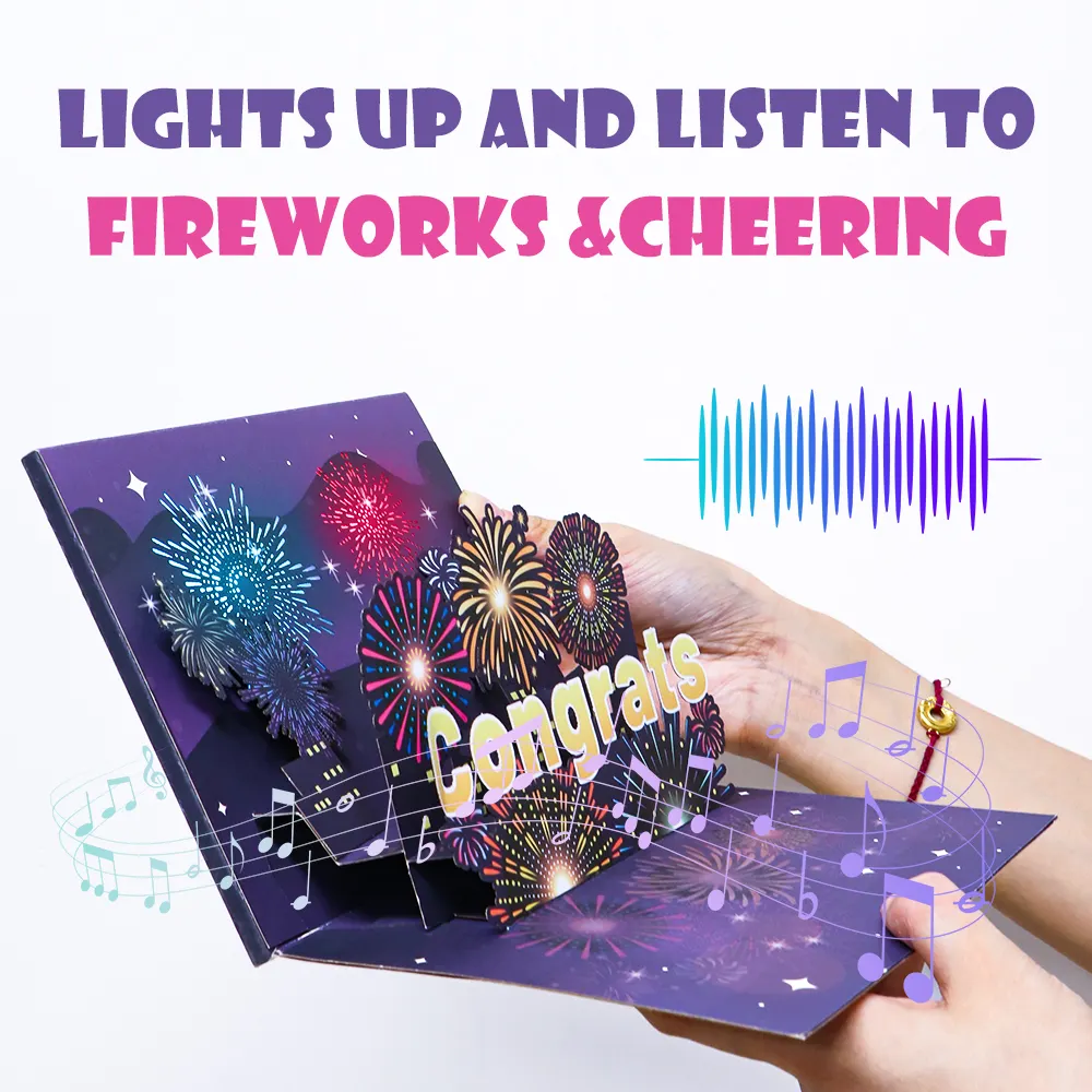 Biglietto di auguri fatto a mano pieghevole di fabbrica fuochi d'artificio artigianali Laser musica leggera 3d Pop-up Cards