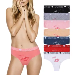 UOKIN Mid waist womens sexy underwear cotton Brazilian panties love kiss sexy tanga white pink solid color assorted A6964