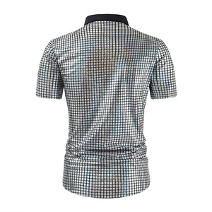 Chemises pour hommes à boutons, paillettes, manches courtes, années 70, discothèque, costume de cosplay, argenté métallique, polos de performance pour hommes - Product Image 6