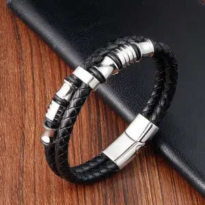 Bán buôn chính hãng người đàn ông da Vòng đeo tay Bangle bện đồ trang sức da Vòng đeo tay PVD Đen Thép phần cứng Bangle cho nam giới