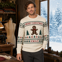 Pull tricoté personnalisé pour homme, motif intarsia Bonhomme en pain d'épices, sapins et lettres de Noël, OEM ODM
