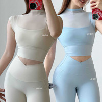 Ensemble de sport Uwell pour femme : T-shirt respirant à col montant et manches courtes en maille (9 couleurs) avec leggings pour fitness et yoga