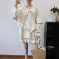 Ensemble pull deux pièces vintage en dentelle pour femme automne/hiver 2025, nouveau design à sequins et volants, haut en maille et jupe unie au-dessus du genou, coupe ample