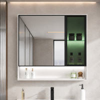 Meuble de salle de bain avec miroir, porte en verre alvéolé en aluminium, rangement ouvert, évier en céramique, noir et blanc, fixation murale