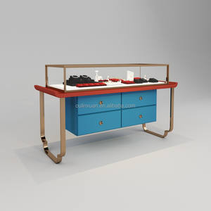 Table de présentation de bijoux de style chinois traditionnel, comptoir <span class=keywords><strong>vitrine</strong></span>, support en acier inoxydable laqué rouge et peint en bleu, MDF, OEM/ODM - Product Image 3