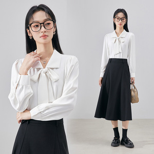 White Bow Blouse Women Long Sleeve Solid Color Office Shirt <b>Polyester</b> Poplin Formal Wear Commute Interview Top - Product Image 1