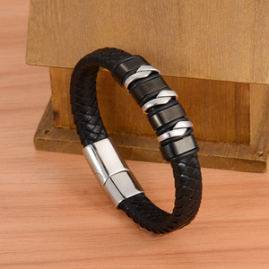<b>Leather</b> <b>Bracelet</b> Magnetic Stainless Steel Men's Cuff Geometric Design Gift Jewelry 7.5 8.5 9 Inches - Product Image 1