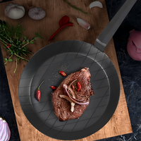 Wajan Baja Karbon Premium Mewah untuk Rumah Tangga dan Komersial, Wajan Steak Baja Karbon Kelas Atas Tanpa Lapisan, Gagang Panjang, Wajan Penggorengan Datar