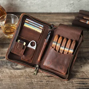 Étui de voyage pour cigares en cuir véritable personnalisé sac avec logo en relief cave à cigares porte-tube portable briquet coupe stockage