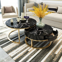 Table basse en acier inoxydable doré à 2 pièces, table centrale en marbre avec tiroir en bois, prix bas, vente chaude