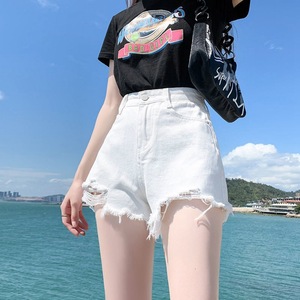 Shorts de mezclilla blancos rasgados de cintura alta con dobladillo deshilachado, corte en A, pierna ancha, asimétricos, estilo Ins, de moda para mujer, para verano - Product Image 1