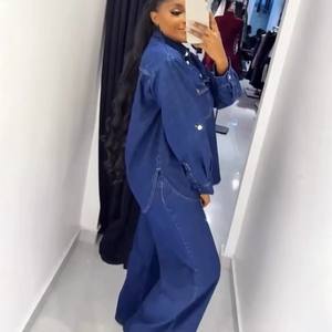 Y6570 Trendy Denim Sets für Frauen Lässiges Langarm-Revers oberteil und gerade Hosen Denim Jeans Set 2-teilige Outfits für Frauen - Product Image 2