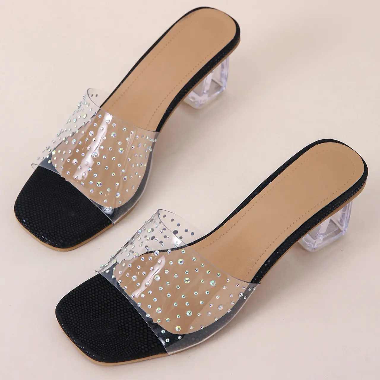 stylish slipper ladies outdoor high heeled women crystal fabric flip flops shoes women's new square toe crystal sandals slippers