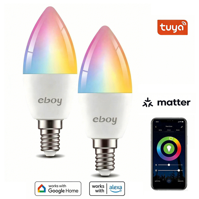E14 C37 RGBCW 4.9W 470LM CE ERP Tuya Matter for Alexa Google App Control Dimmable Candle LED Light Smart Bulbs for Indoor Home