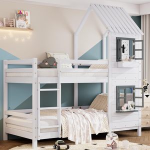 Cama alta de madera maciza personalizada para niños, tipo casa, con estructura de madera, tamaño Queen, 90x200cm, con techo, para habitación infantil de hostal. - Product Image 1